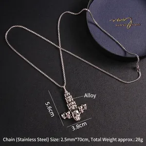 Gothic punk silver skull cross necklace with 70cm stainless steel long chain for men