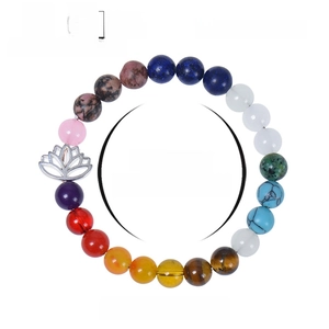 Natural stone yoga bead bracelet with silver lotus flower charm for anxiety relief