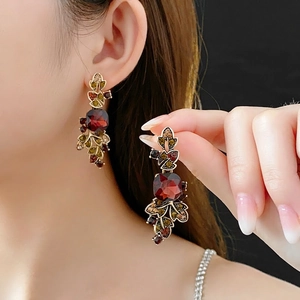 Vintage gold earrings with square red gemstone and leaf crystal design for women