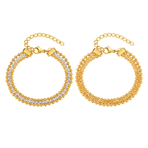 Three-layer gold stainless steel beaded chain bracelet with lobster clasp for women