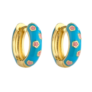 Detail of gold-plated hoop earrings with sky blue enamel and pink floral accents