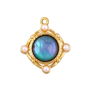 Detail of diamond-shaped gold pendant with abalone shell inlay and white pearls