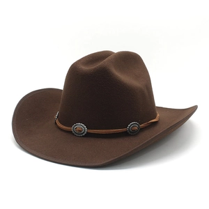 Classic dark brown felt cowboy hat with vintage metal conchos and leather band