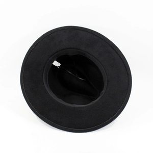 Interior view of black wide brim felt hat showing sweatband and adjustable drawstring