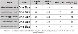 Size chart for Halloween skull gloves showing adult full and half finger measurements