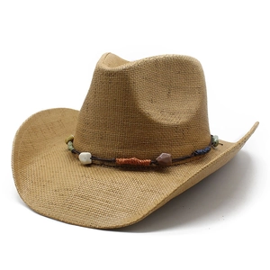 Cowboy Hat Paper Straw Woven Beaded Band Wide Brim Summer Sun Protection Beach Western Style