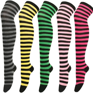 Vertical display showing five colorful striped over-the-knee socks in high-quality knit