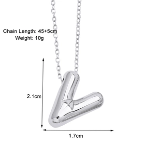 Detail view of silver V letter pendant with 3D bubble design and 45+5cm chain dimensions