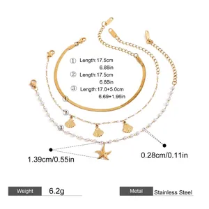 Detailed size chart for stainless steel bracelets showing starfish and shell pendant dimensions