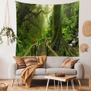 Detail of tropical forest tapestry with wooden walkway in a modern living room