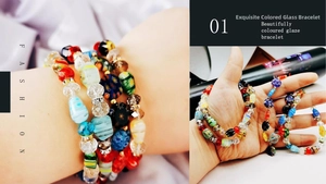 Detailed view of colorful glass beads bracelet with metallic spacers and vibrant charms