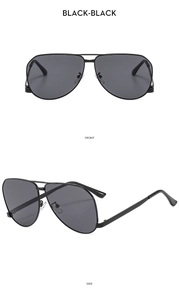 Front and side view of classic black metal aviator sunglasses with polarized lenses