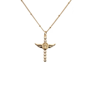 Elegant gold cross necklace with angel wings and sparkling cubic zirconia stones