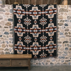 Detailed view of bohemian woven tapestry with geometric patterns and fringe edges