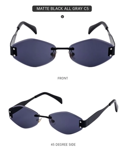 Front and 45-degree side views of matte black rimless sunglasses with diamond-cut lenses