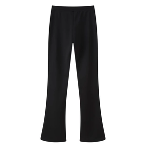 Detailed flat lay of high-waisted black flared trousers with high-quality knit drape