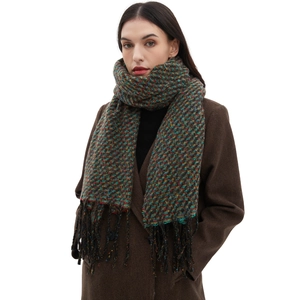 Long multi-colored mixed-knit scarf with fringes for men and women on white background