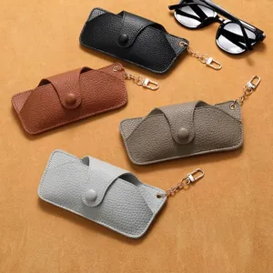 Portable Leather Glasses Case Litchi Grain Pressure Resistant Sunglasses Pouch With Snap Button And Hook Chain