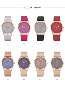 Color display of stylish women's quartz watches with various colorful dials and mesh bands
