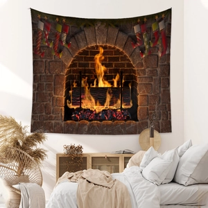 Detail of a 3D fireplace Christmas tapestry with hanging socks on a bedroom wall
