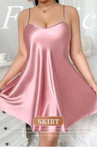 Detail view of pink satin slip dress with V-neckline and smooth silky texture