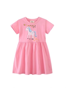Girls Short Sleeve Cotton Dress Pink Unicorn Star Embroidery Princess Style A-Line Casual Kids Summer Apparel