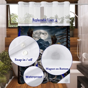 Wasserdichter Duschvorhang mit einknöpfbarem Futter, Wolfsmuster und Magnetgewicht