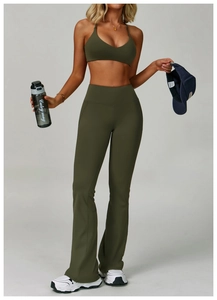Olive green yoga set featuring high-waisted flare pants and matching sports bra