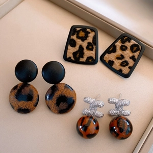 Three-pair leopard print earring set featuring fur texture, leather circles and rhinestones