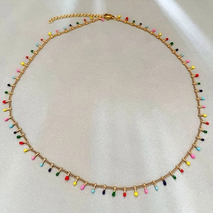 Bohemian stainless steel gold necklace with colorful enamel droplet charms for women