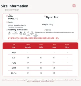 Size guide for yoga sports bra listing fabric details, measurements, and washing instructions