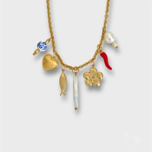 Gold charm necklace with heart, baroque pearl, fish, flower and chili pendants