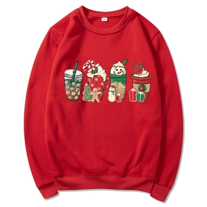 Red Christmas hoodie with festive cartoon cup print on plain white background