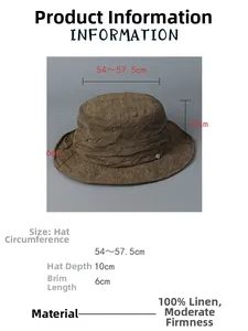 Macro shot of brown linen sun hat texture with metal logo and sizing specifications