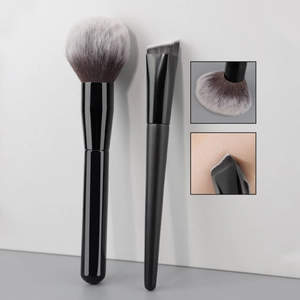 Ensemble De Pinceaux De Maquillage Professionnels Pour Poudre Et Fond De Teint Fibre Synthétique Manche En Bois Noir