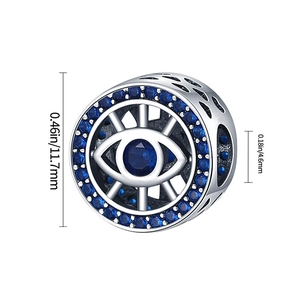 Detailed size chart of silver evil eye charm bead with 11.7mm diameter and blue gemstone