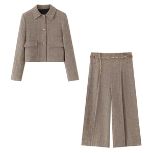 Women Houndstooth Cropped Blazer Jacket And Wide Leg Pants Set Vintage Plaid Office Lady Streetwear Casual Suit Top Bottom