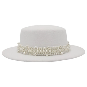 Detailed view of elegant white wool felt boater hat with layered pearl strand embellishments
