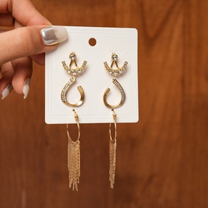 Six-piece set of gold geometric fringe earrings with rhinestones on white card