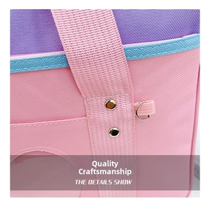 Close-up of pastel canvas fabric stitching with metal rivets and D-ring on the JK uniform bag