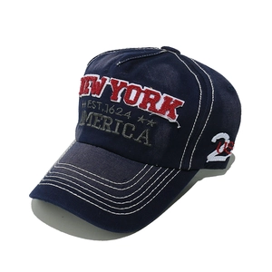Close-up of vintage navy blue canvas baseball cap with 3D New York embroidery detail