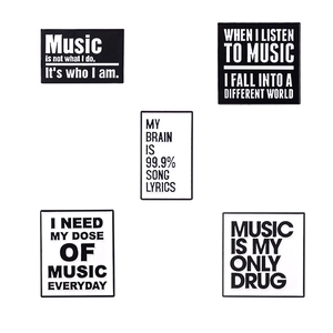 Set of 5 minimalist black and white enamel music theme pins with English quotes