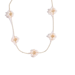 Elegant 14K gold plated floral necklace with fresh water pearls in a stylish flower design