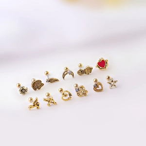 Golden titanium steel cartilage earrings set with butterfly heart and flower designs