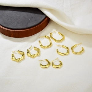 18K Gold Plated Copper Hoop Earrings For Women Minimalist Geometric Bamboo And Hexagonal Shape Solid Western Style Fashion Jewelry