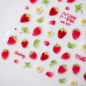 3D relief strawberry and flower nail art stickers with glossy translucent finish