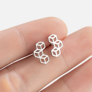 Minimalist silver cube drop earrings with a geometric hollow 3D layered design