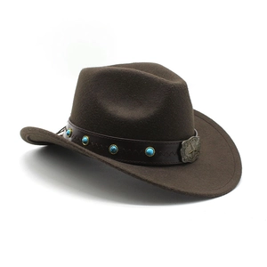 Detail of wool felt western cowboy hat featuring a leather band with turquoise beads