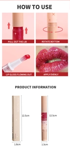 Guía detallada de brillo de labios perlado con pasos de uso y dimensiones del producto