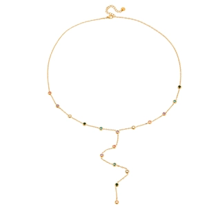 Elegant gold Y-shaped titanium necklace with colorful round rhinestones and tassel detail